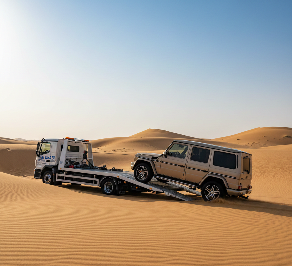 Desert car recovery truck pulling SUV from sand in Abu Dhabi desert